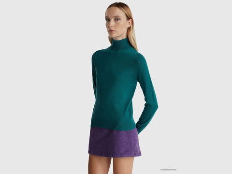 Camisola de gola alta verde em pura lã Merino - ucb_image_F