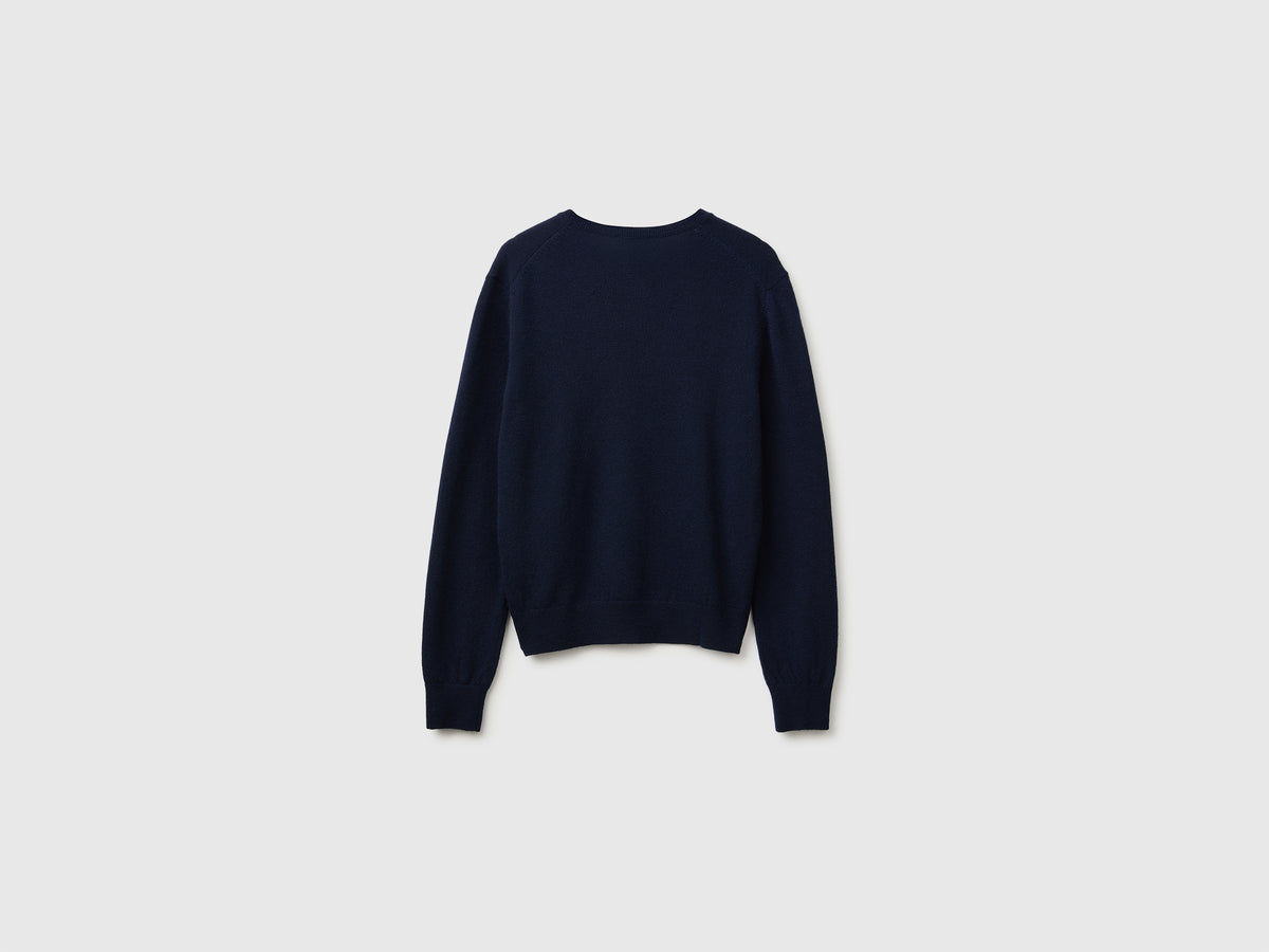 Camisola decote em V azul em pura lã Merino - ucb_image_BS