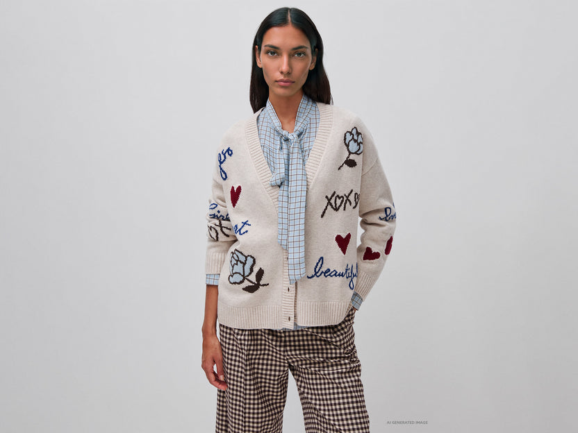 100% wool cardigan with floral inlay