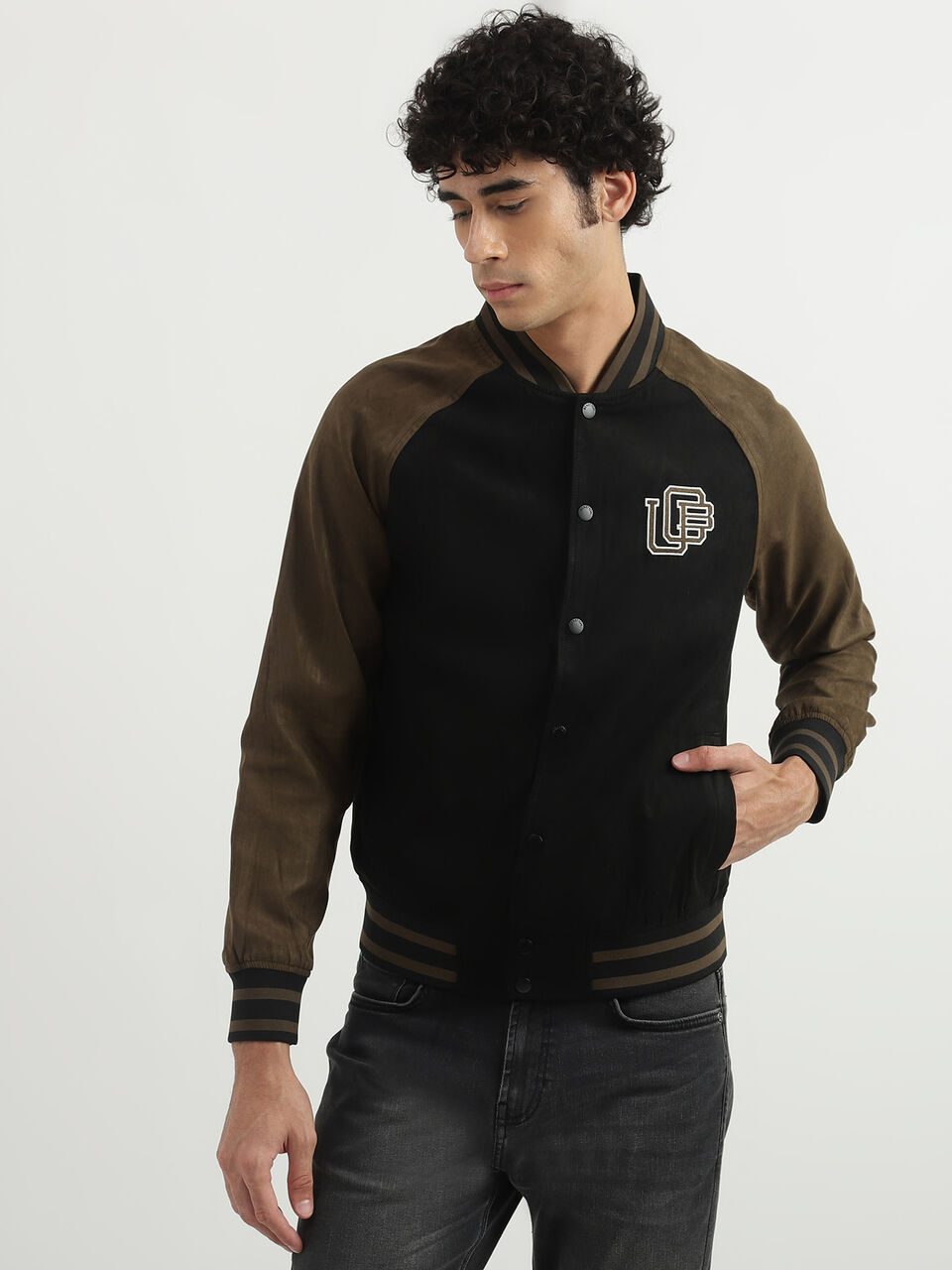 SUEDE VARSITY BOMBER JACKET image number null