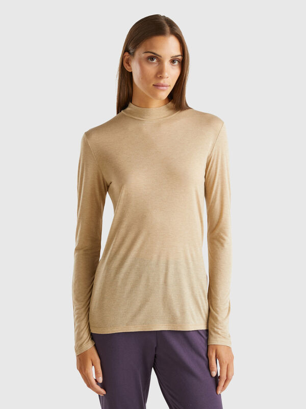 Turtleneck t-shirt in viscose and wool blend Women