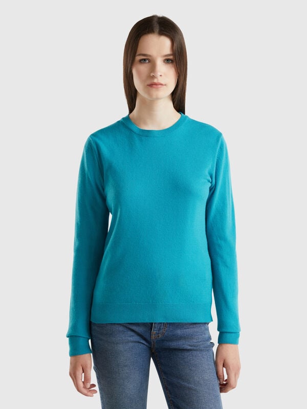 Turquoise crew neck sweater in pure Merino wool Women