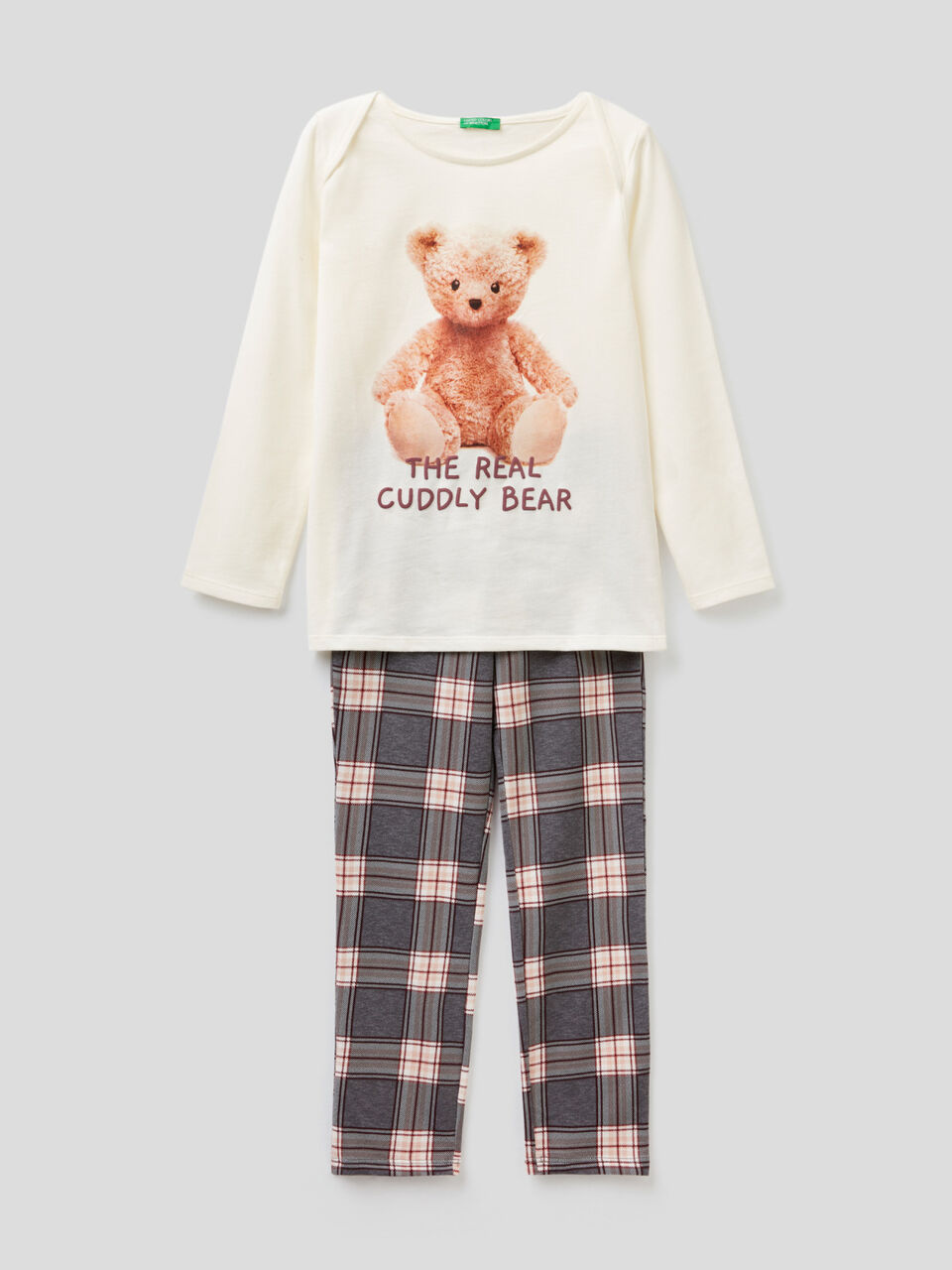 Teddy bear print pyjamas with check trousers image number 1