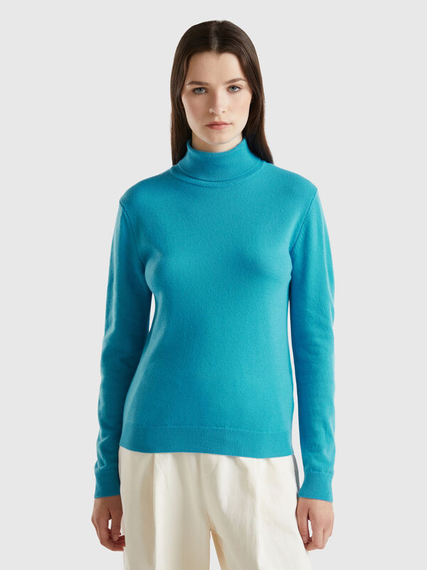 Sky blue turtleneck sweater in pure Merino wool Women