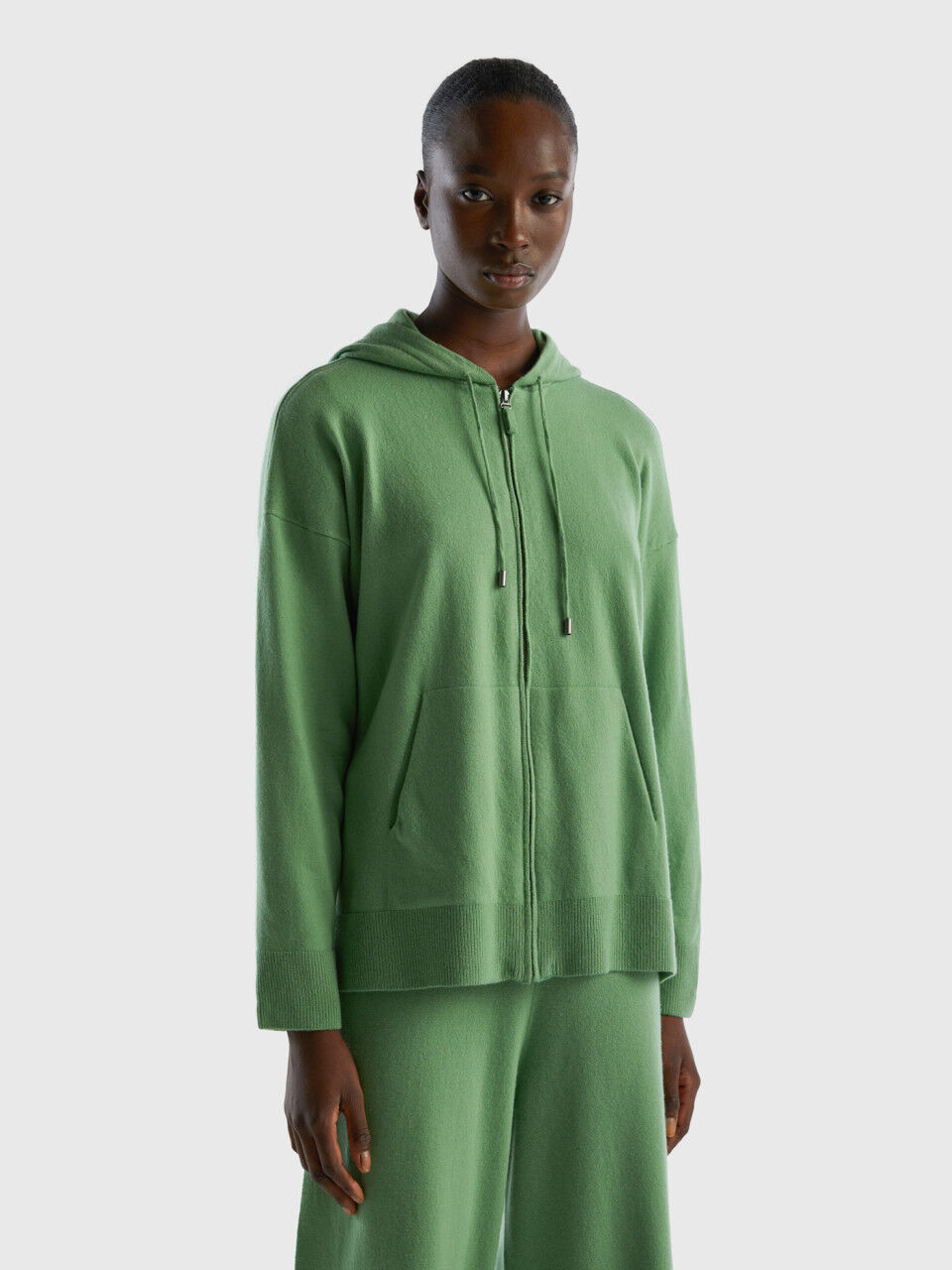 Sage green sweater in cashmere blend with hood