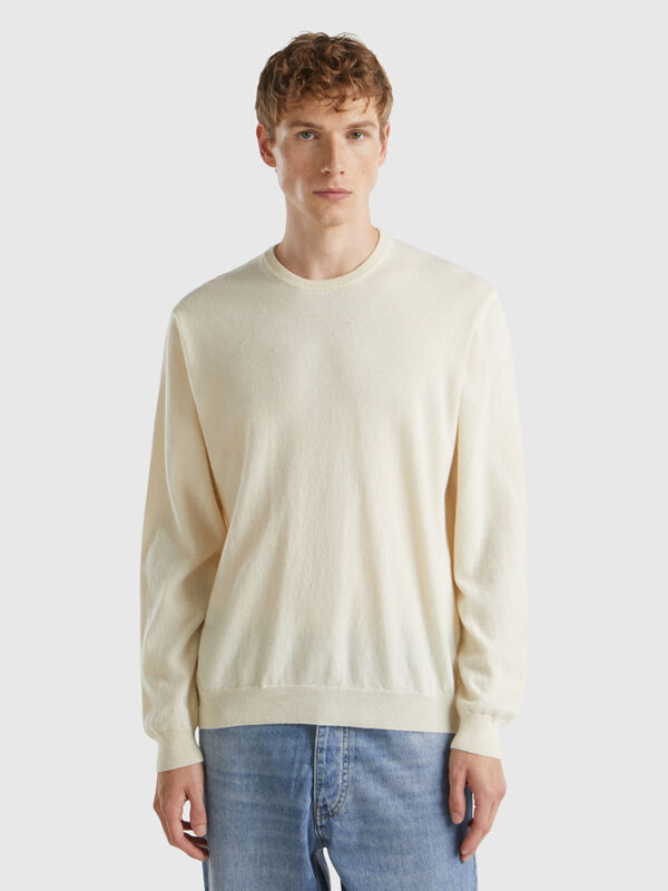 Creamy white crew neck sweater in pure Merino wool Men