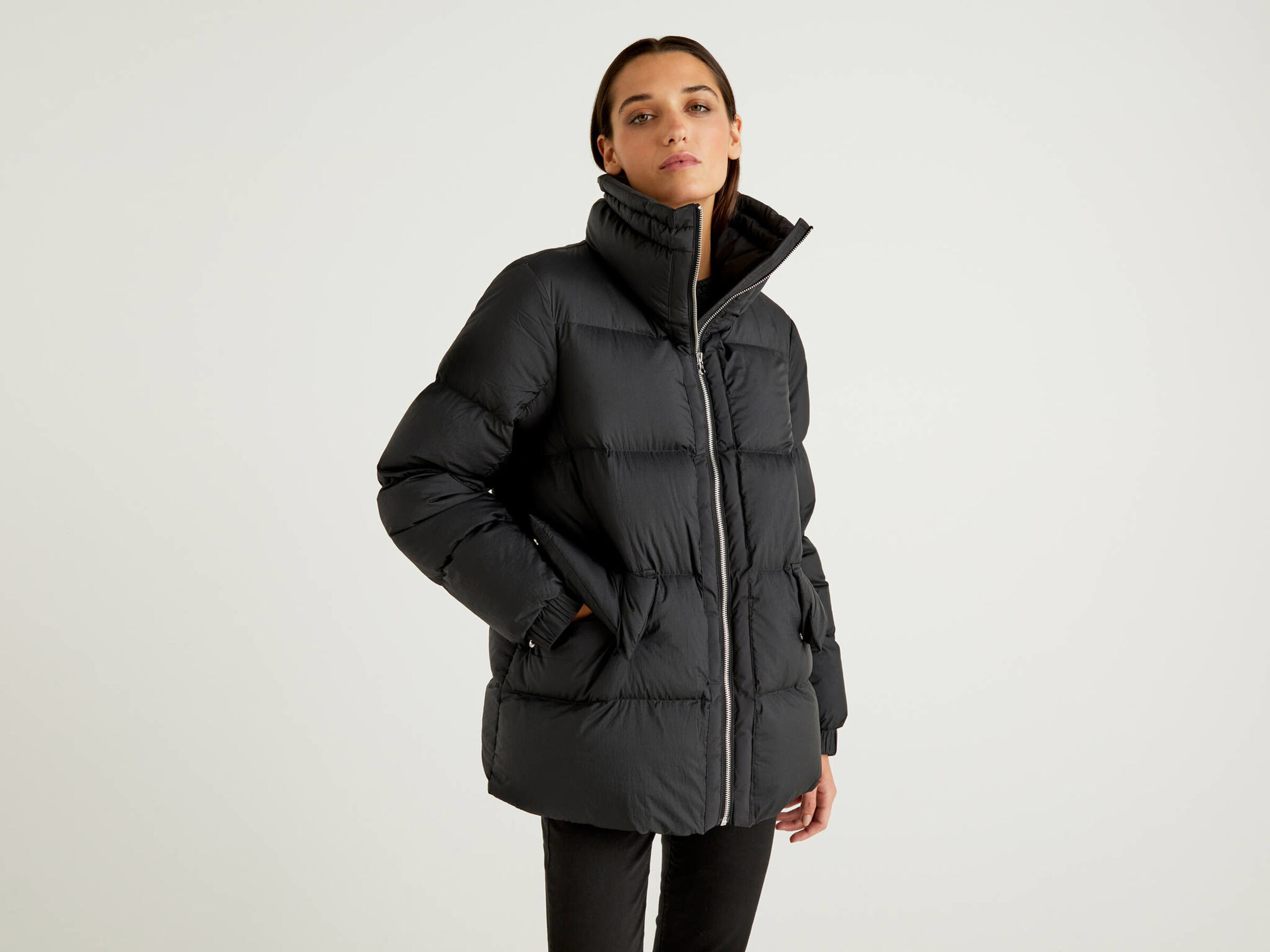 Midi Puffer Jacket With Wide Collar