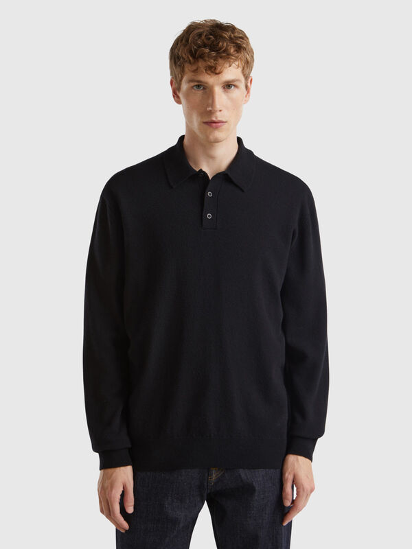 Black polo in pure Merino wool Men