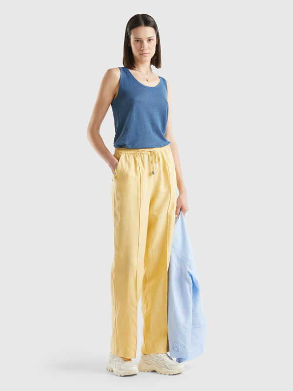 Trousers in pure linen with elastic Women