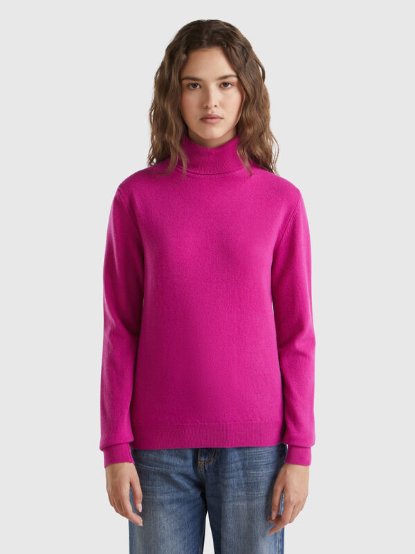 Fuchsia cyclamen turtleneck sweater in pure Merino wool Women