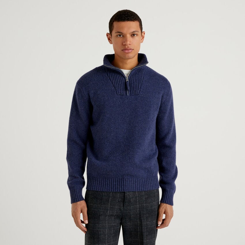 Sweater with zipped collar in pure wool