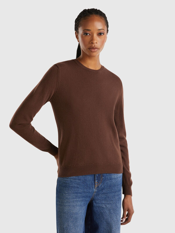Dark brown crew neck sweater in pure Merino wool Women