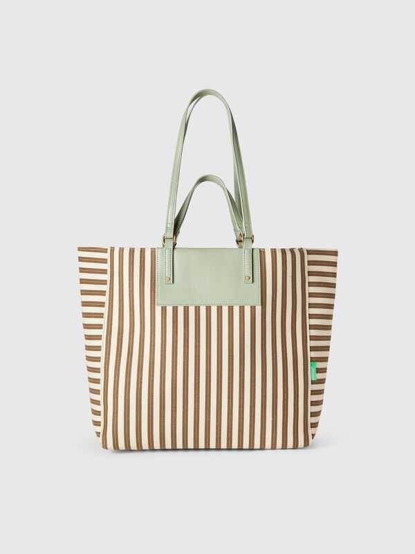 Green and beige striped tote bag Women