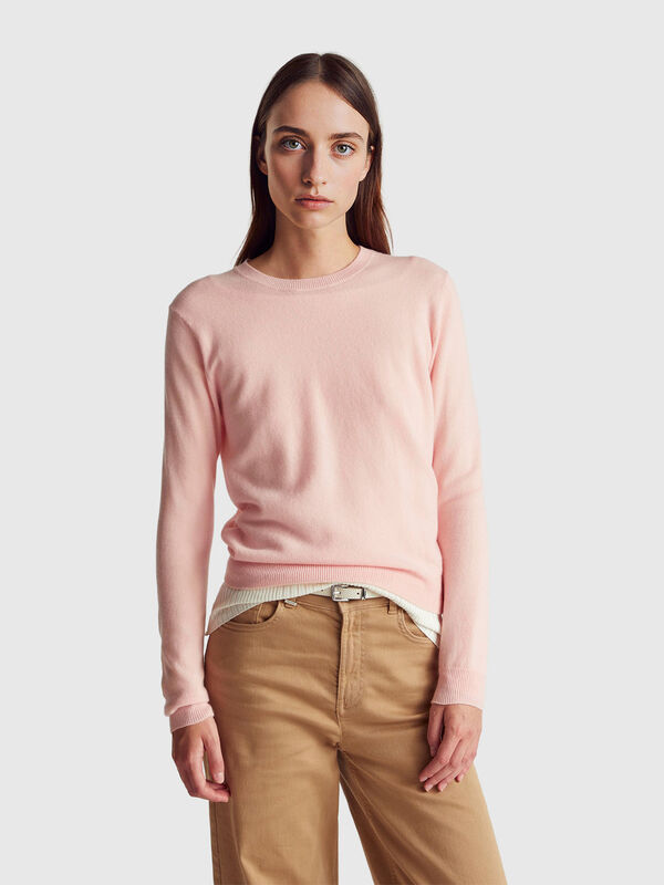 Powder pink crew neck sweater in Merino wool Powder pink crew neck sweater in Merino wool Women