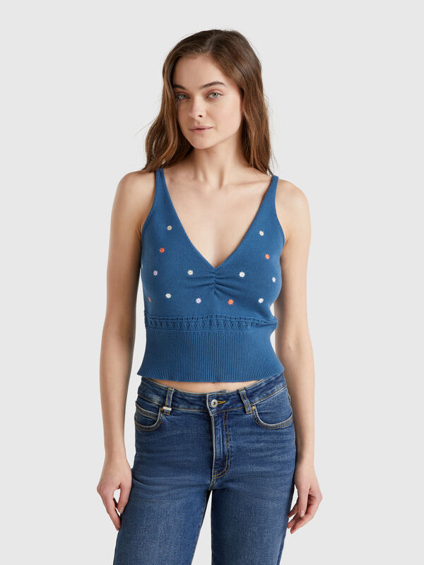 Knit tank top with flower embroidery Women