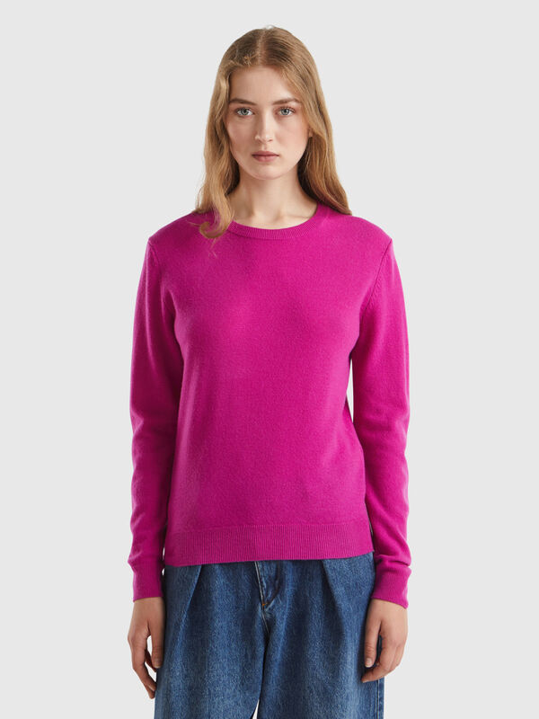 Fuchsia cyclamen crew neck sweater in pure Merino wool Women