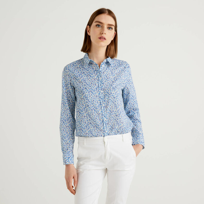 100 Cotton Light Blue Shirt With Floral Print