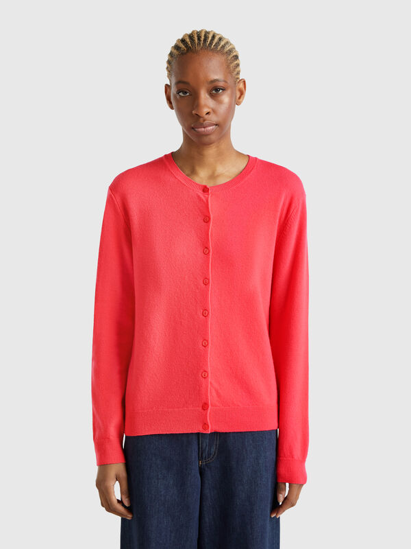 Cyclamen crew neck cardigan in pure Merino wool Women